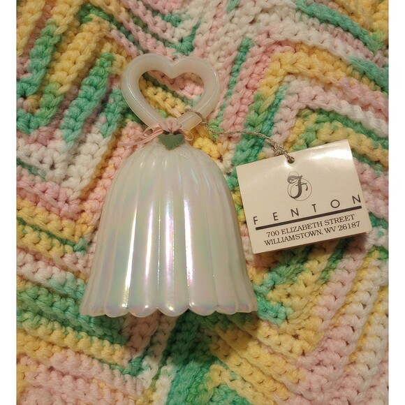 VTG Fenton Opaline Pearly Sentiments Porcelain Rose Iridescent Heart Handle Bell - Picture 1 of 10